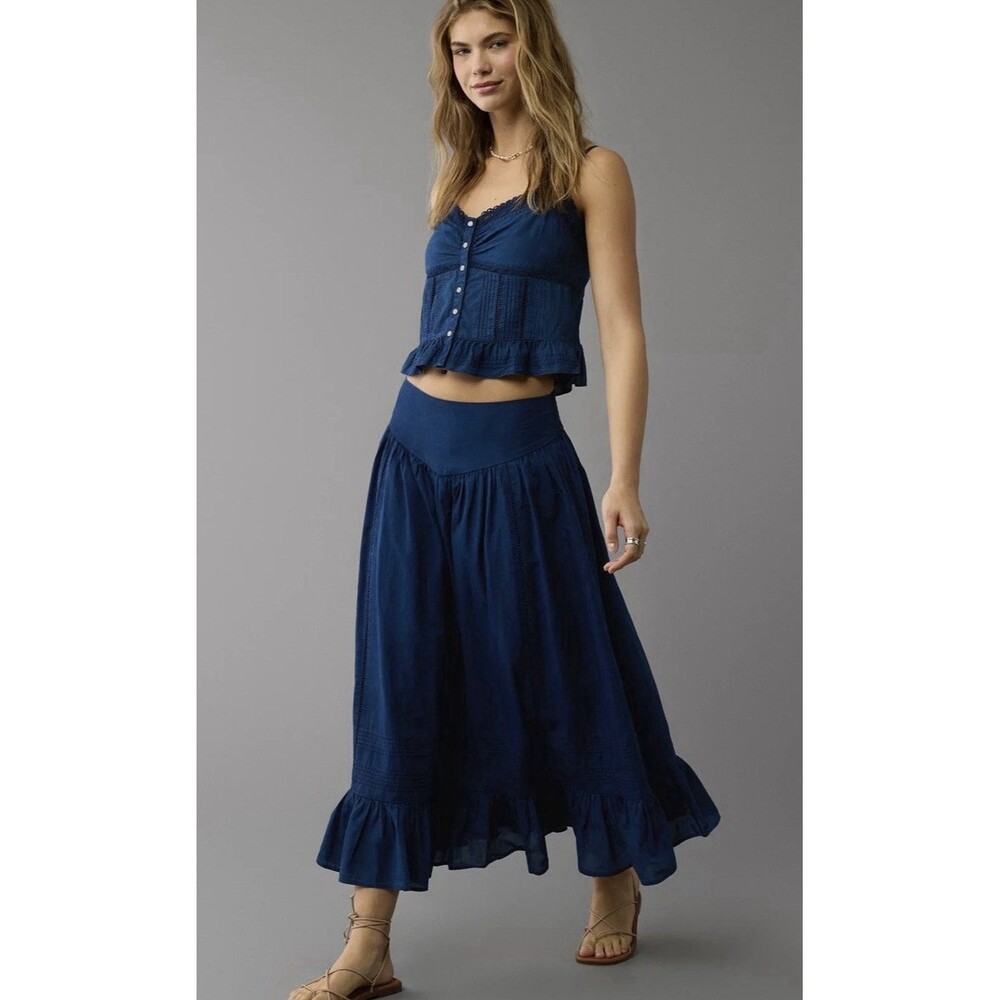 American Eagle High Waisted Ruffle Maxi Skirt Blue Size SP NWT
